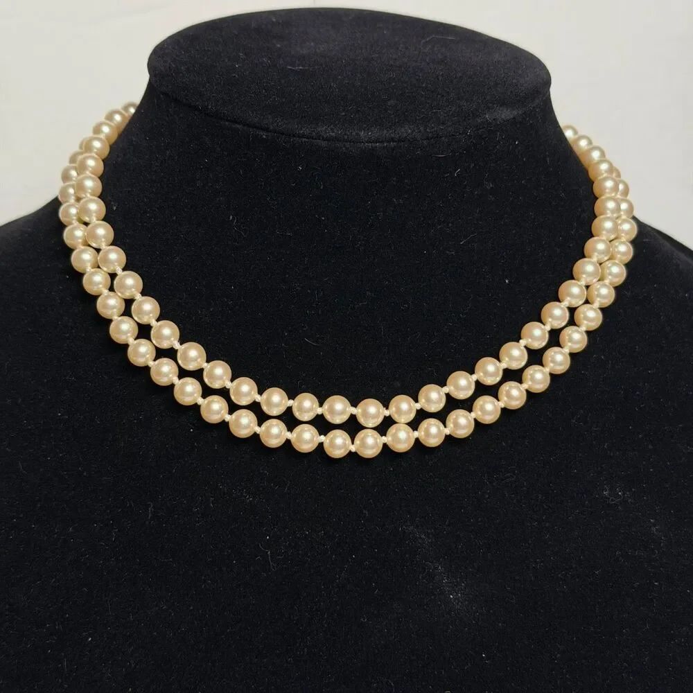 Vintage Double Strand Faux Pearl Choker Necklace Teardrop Clasp 15.5" Gold Tone